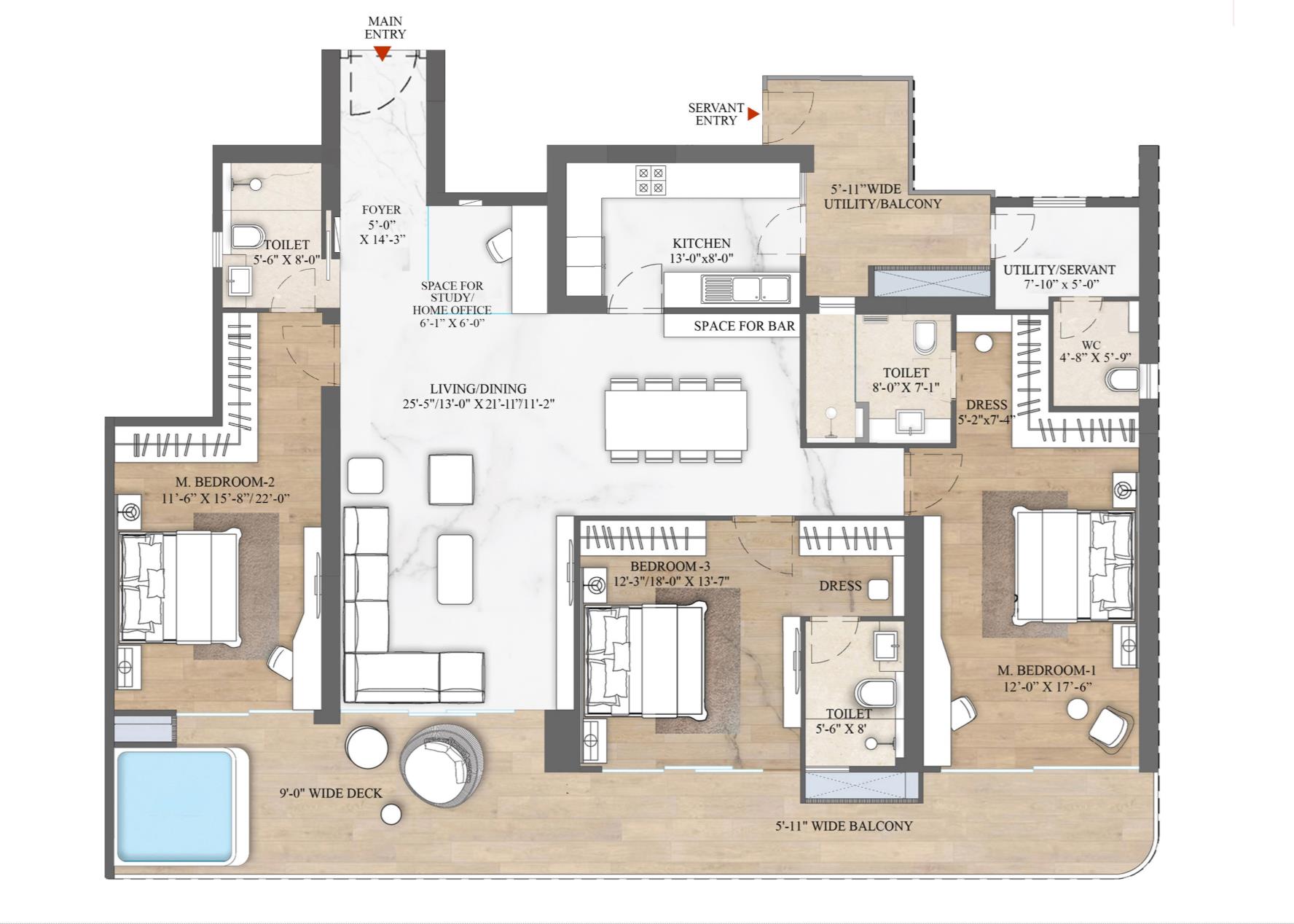 SmartWorld The Edition 3.5 BHK floor plan — 1,767 sq ft carpet area unit plan showing living/dining, two master bedrooms, third bedroom, kitchen, study alcove, utility and 9 foot wide jacuzzi deck