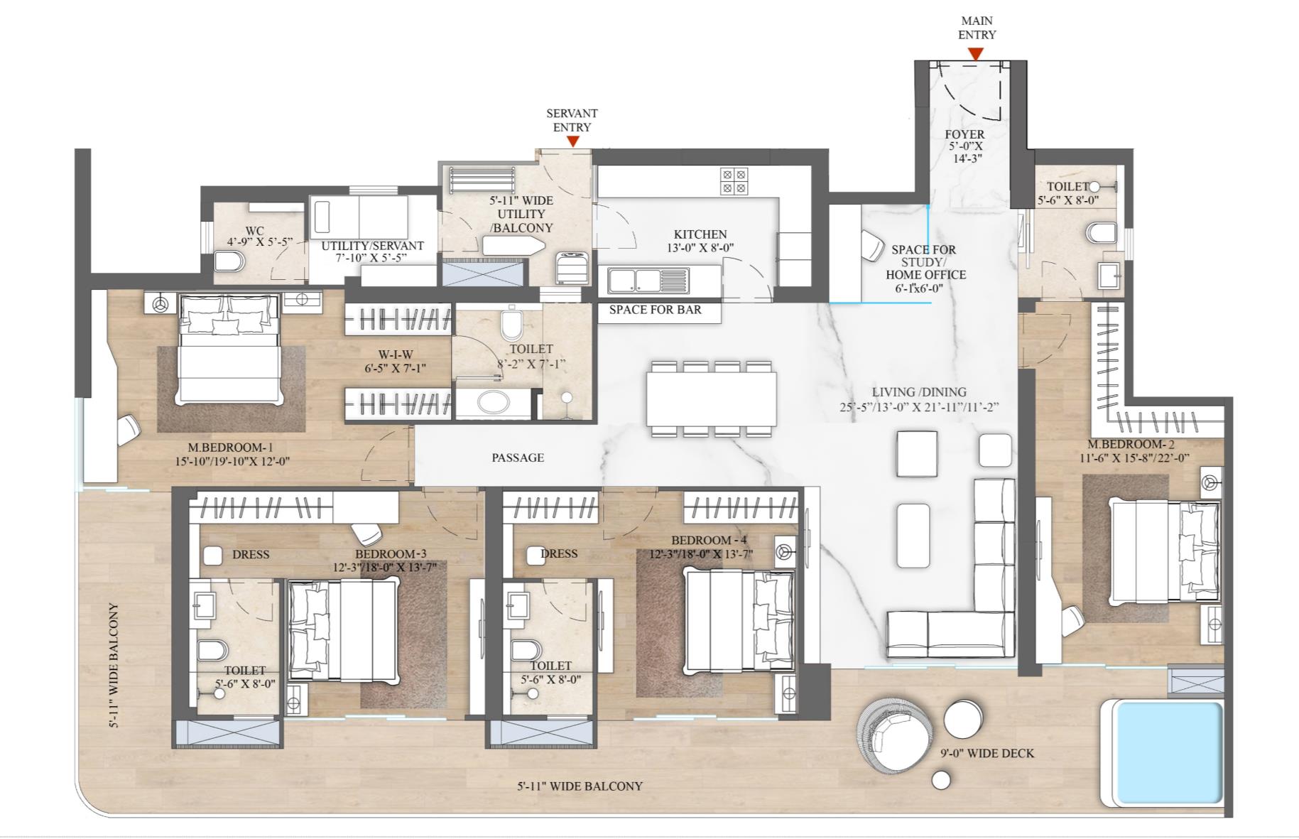 SmartWorld The Edition 4.5 BHK floor plan — 2,196 sq ft carpet area unit plan showing living/dining, two master suites, bedrooms three and four on a private passage, kitchen, study, utility and jacuzzi deck