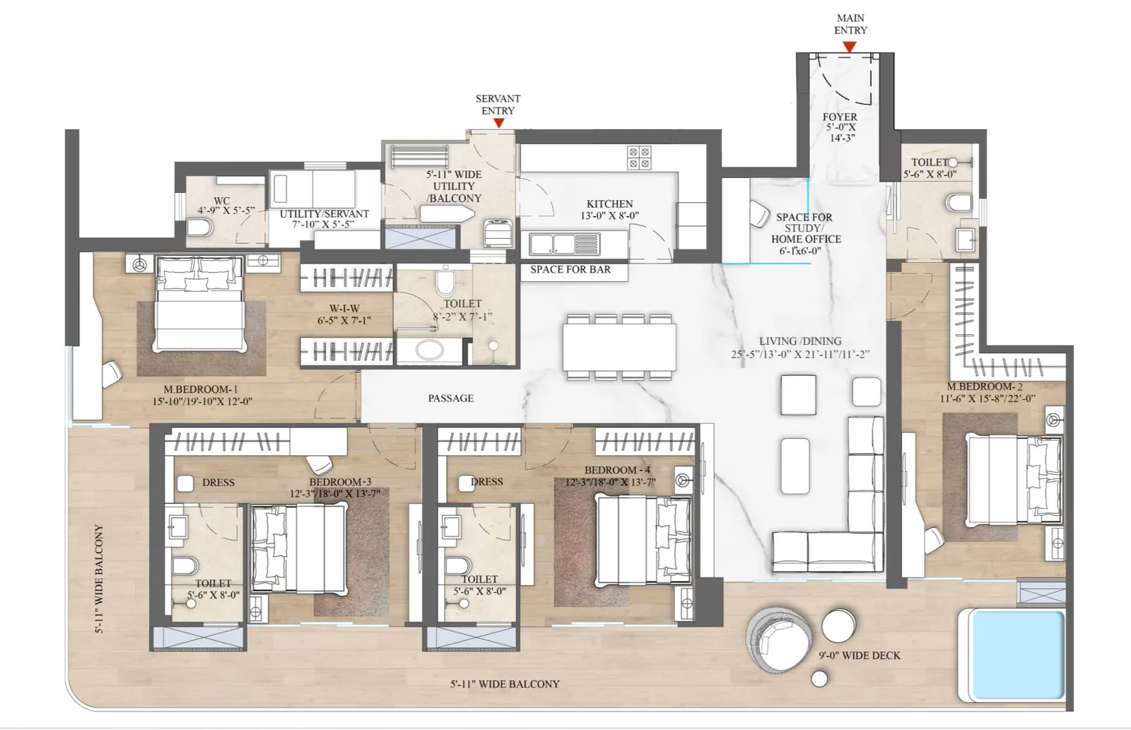 SmartWorld The Edition 4.5 BHK floor plan — 2,196 sq ft carpet area unit plan showing living/dining, two master suites, bedrooms three and four on a private passage, kitchen, study, utility and jacuzzi deck